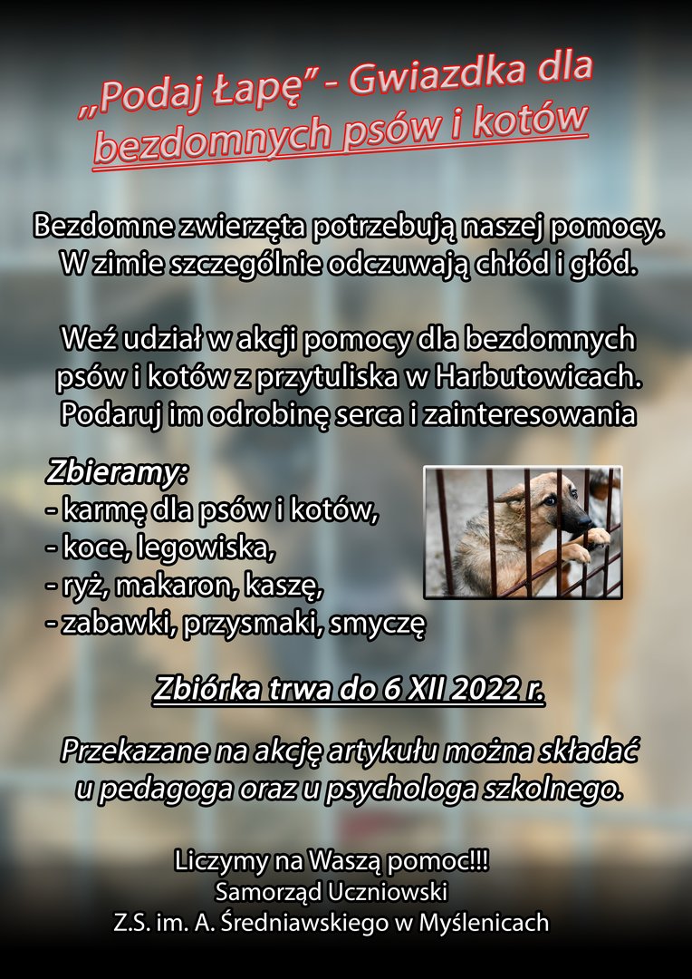 Ogłoszenie związane z zbiórką żywności oraz akcesoriów dla psów i kotów ze schroniska w Harbutowicach